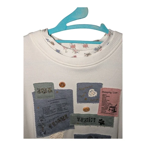 Vintage Teddi Cream Crew Neck Sweater with Patchwork Design Cottage Core - Picture 3 of 5